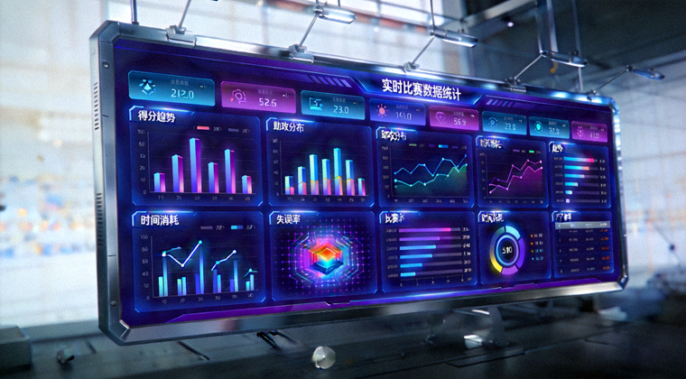 体育数据中心大屏上展示的多维比赛统计与趋势图表